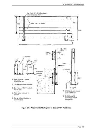 6. Reinforced Concrete Bridges




                       Rail Posts 50 x 50 x 6 angle at
                       nominal spacing of 2m




                                                                                   350
        800                    Rails 150 x 50 timber



                                                                                           1100




                                                                 2 x M10
                                                                 bolts
                                                       Lower
                                                       Rail
                                                                100
                12 diameter

       90                 80        M12
                                                                  Post

                          weld
                 200                160
                                                                  13 diameter
                                       Embed in
                                       concrete


                                                                                           200
1. Weld together 2 pieces
   60 x 60 flat bar

2. Drill 4 holes 12mm diameter

3. Cut 4 pieces M12 threaded                                                     120
   rod 80 long
                                                                   1. Weld angle to 2 pieces
4. Fit in holes and weld in                                           of 60 x 6 flat bar
   position
                                                                   2. Drill 4 holes 13
5. Set up to be embedded in                                           diameter to match
   concrete deck                                                      fixing studs




               Figure 6.4: Attachment of Safety Rail to Deck of RCC Footbridge




                                                                                          Page 106
 
