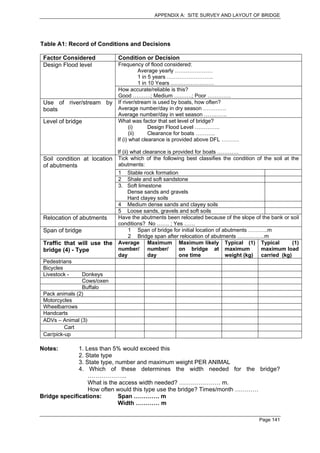 APPENDIX A: SITE SURVEY AND LAYOUT OF BRIDGE




Table A1: Record of Conditions and Decisions

 Factor Considered             Condition or Decision
 Design Flood level          Frequency of flood considered:
                                         Average yearly …………………
                                         1 in 5 years ……………………..
                                         1 in 10 Years ……………………
                             How accurate/reliable is this?
                             Good ……….; Medium ……….; Poor ………….
 Use of river/stream      by If river/stream is used by boats, how often?
 boats                       Average number/day in dry season ………….
                             Average number/day in wet season ………….
 Level of bridge             What was factor that set level of bridge?
                                    (i)       Design Flood Level …………..
                                    (ii)      Clearance for boats ………..
                             If (i) what clearance is provided above DFL ……….

                               If (ii) what clearance is provided for boats …………
 Soil condition at location Tick which of the following best classifies the condition of the soil at the
 of abutments               abutments:
                               1 Stable rock formation
                               2 Shale and soft sandstone
                               3. Soft limestone
                                  Dense sands and gravels
                                  Hard clayey soils
                               4 Medium dense sands and clayey soils
                               5 Loose sands, gravels and soft soils
 Relocation of abutments       Have the abutments been relocated because of the slope of the bank or soil
                               conditions? No ……. ; Yes ……
 Span of bridge                    1 Span of bridge for initial location of abutments ………..m
                                   2 Bridge span after relocation of abutments ……………m
 Traffic that will use the     Average Maximum Maximum likely Typical (1) Typical                     (1)
 bridge (4) - Type             number/ number/         on bridge at maximum              maximum load
                               day         day         one time              weight (kg) carried (kg)
 Pedestrians
 Bicycles
 Livestock -    Donkeys
                Cows/oxen
                Buffalo
 Pack animals (2)
 Motorcycles
 Wheelbarrows
 Handcarts
 ADVs – Animal (3)
          Cart
 Car/pick-up

Notes:        1. Less than 5% would exceed this
              2. State type
              3. State type, number and maximum weight PER ANIMAL
              4. Which of these determines the width needed for the bridge?
                  ………………..
                  What is the access width needed? ………………… m.
                  How often would this type use the bridge? Times/month …………
Bridge specifications:        Span …………. m
                              Width ………… m

                                                                                        Page 141
 