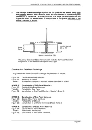 APPENDIX B: CONSTRUCTION OF MODULAR STEEL TRUSS FOOTBRIDGE




5.   The strength of the footbridge depends on the joints of the panels being fully
     and properly welded. Make sure all joints are fully welded all round with good
     penetration of the welds. Note in particular that angle sections (verticals and
     diagonals) must be welded both to the gussets at the joints and also to the
     joining channels or angles.




                                                                     Joining Bracket
         Base                                                        (JL or JR)
         Panel


                                      Bottom Longitudinal (SB)

         The Joining Brackets and Base Panels must fit inside the channels of the Bottom
         Longitudinals so that the faces bolt together without gaps




Construction Details of Footbridge

The guidelines for construction of a footbridge are presented as follows:

Figure B1:    Details of Footbridge Modules
Figure B2:    Assembly of Panels
Table B1:     Numbers and Lengths of Modules needed for Range of Spans

STAGE 1:      Construction of Side Panel Members
Figure B3:    Details of Side Panel Members
Table B2:     Parts List for Side Panel
Figure B4:    Manufacture of Side Panel Members (Sheets 1, 2 and 3)


STAGE 2:      Construction of End Panel Members
Figure B5:    Details of End Panel Members
Table B3:     Parts List for End Panel
Figure B6:    Manufacture of End Panel Members (Sheets 1 and 2)

STAGE 3:      Construction of Base Panel Members
Figure B7:    Details of Base Panel Members
Table B4:     Parts List for Base Panel
Figure B8:    Manufacture of Base Panel Members




                                                                                           Page 144
 