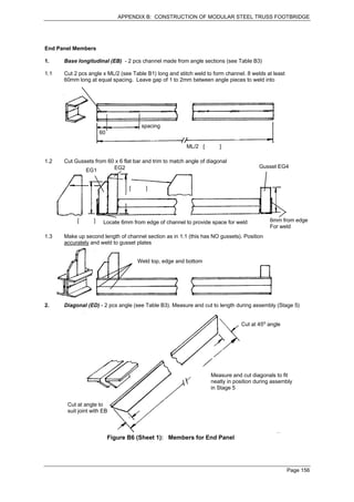 APPENDIX B: CONSTRUCTION OF MODULAR STEEL TRUSS FOOTBRIDGE




End Panel Members

1.    Base longitudinal (EB) - 2 pcs channel made from angle sections (see Table B3)

1.1   Cut 2 pcs angle x ML/2 (see Table B1) long and stitch weld to form channel. 8 welds at least
      60mm long at equal spacing. Leave gap of 1 to 2mm between angle pieces to weld into




                                       spacing
                      60

                                                         ML/2 [        ]

1.2   Cut Gussets from 60 x 6 flat bar and trim to match angle of diagonal
                         EG2                                                           Gusset EG4
              EG1


                                  [      ]




           [      ]    Locate 6mm from edge of channel to provide space for weld           6mm from edge
                                                                                           For weld
1.3   Make up second length of channel section as in 1.1 (this has NO gussets). Position
      accurately and weld to gusset plates


                                      Weld top, edge and bottom




2.    Diagonal (ED) - 2 pcs angle (see Table B3). Measure and cut to length during assembly (Stage 5)


                                                                               Cut at 45o angle




                                                                   Measure and cut diagonals to fit
                                                                   neatly in position during assembly
                                                                   in Stage 5


       Cut at angle to
       suit joint with EB



                           Figure B6 (Sheet 1): Members for End Panel




                                                                                                     Page 156
 