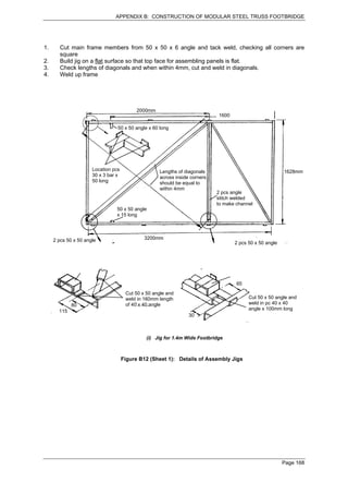 APPENDIX B: CONSTRUCTION OF MODULAR STEEL TRUSS FOOTBRIDGE




1.     Cut main frame members from 50 x 50 x 6 angle and tack weld, checking all corners are
       square
2.     Build jig on a flat surface so that top face for assembling panels is flat.
3.     Check lengths of diagonals and when within 4mm, cut and weld in diagonals.
4.     Weld up frame




                                          2000mm
                                                                             1600

                                 50 x 50 angle x 60 long




                      Location pcs                  Lengths of diagonals                                  1628mm
                      30 x 3 bar x                  across inside corners
                      50 long                       should be equal to
                                                    within 4mm
                                                                            2 pcs angle
                                                                            stitch welded
                                                                            to make channel
                                50 x 50 angle
                                x 15 long




     2 pcs 50 x 50 angle                      3200mm
                                                                                    2 pcs 50 x 50 angle




                                                                                    65
                                      Cut 50 x 50 angle and
                                      weld in 160mm length                                Cut 50 x 50 angle and
             80                       of 40 x 40 angle                                    weld in pc 40 x 40
       115                                                                                angle x 100mm long
                                                                 30



                                               (i) Jig for 1.4m Wide Footbridge



                                     Figure B12 (Sheet 1): Details of Assembly Jigs




                                                                                                          Page 168
 