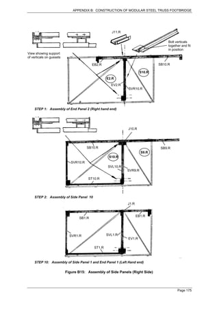 APPENDIX B: CONSTRUCTION OF MODULAR STEEL TRUSS FOOTBRIDGE




                                                     J11.R

                                                                                  Bolt verticals
                                                                                  together and fit
                                                                                  in position
View showing support
of verticals on gussets

                                         EB2.R                               SB10.R

                                                                     S10.R
                                                  E2.R
                                                    EV2.R
                                                             SVR10.R




    STEP 1: Assembly of End Panel 2 (Right hand end)




                                                             J10.R




                                       SB10.R                                 SB9.R
                                                                      S9.R
                                                   S10.R
                             SVR10.R
                                                  SVL10.R
                                                             SVR9.R

                                       ST10.R




    STEP 2: Assembly of Side Panel 10
                                                             J1.R


                                                                    EB1.R
                                 SB1.R




                            SVR1.R                SVL1.R
                                                             EV1.R

                                          ST1.R



    STEP 10: Assembly of Side Panel 1 and End Panel 1 (Left Hand end)

                          Figure B15: Assembly of Side Panels (Right Side)



                                                                                        Page 175
 