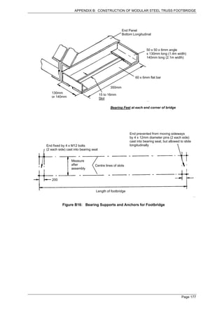 APPENDIX B: CONSTRUCTION OF MODULAR STEEL TRUSS FOOTBRIDGE




                                                     End Panel
                                                     Bottom Longitudinal



                                                                      50 x 50 x 6mm angle
                                                                      x 130mm long (1.4m width)
                                                                      140mm long (2.1m width)




                                                              60 x 6mm flat bar


                                             350mm
   130mm
                                       15 to 16mm
   or 140mm
                                       Slot

                                             Bearing Feet at each end corner of bridge




                                                          End prevented from moving sideways
                                                          by 4 x 12mm diameter pins (2 each side)
                                                          cast into bearing seat, but allowed to slide
End fixed by 4 x M12 bolts                                longitudinally
(2 each side) cast into bearing seat


                 Measure
                 after            Centre lines of slots
                 assembly


   200


                                  Length of footbridge



           Figure B16: Bearing Supports and Anchors for Footbridge




                                                                                               Page 177
 