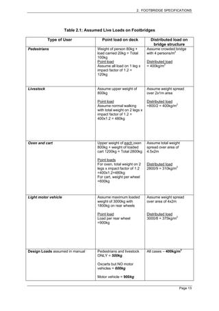 2. FOOTBRIDGE SPECIFICATIONS




                      Table 2.1: Assumed Live Loads on Footbridges

            Type of User                 Point load on deck             Distributed load on
                                                                         bridge structure
Pedestrians                           Weight of person 80kg +         Assume crowded bridge
                                      load carried 20kg = Total       with 4 persons/m2
                                      100kg
                                      Point load                      Distributed load
                                      Assume all load on 1 leg x      = 400kg/m2
                                      impact factor of 1.2 =
                                      120kg


Livestock                             Assume upper weight of          Assume weight spread
                                      800kg                           over 2x1m area

                                      Point load                      Distributed load
                                      Assume normal walking           =800/2 = 400kg/m2
                                      with total weight on 2 legs x
                                      impact factor of 1.2 =
                                      400x1.2 = 480kg




Oxen and cart                         Upper weight of each oxen       Assume total weight
                                      800kg + weight of loaded        spread over area of
                                      cart 1200kg = Total 2800kg      4.5x2m

                                      Point loads
                                      For oxen, total weight on 2     Distributed load
                                      legs x impact factor of 1.2     2800/9 = 310kg/m2
                                      =400x1.2=480kg
                                      For cart, weight per wheel
                                      =600kg



Light motor vehicle                   Assume maximum loaded           Assume weight spread
                                      weight of 3000kg with           over area of 4x2m
                                      1800kg on rear wheels

                                      Point load                      Distributed load
                                      Load per rear wheel             3000/8 = 375kg/m2
                                      =900kg




Design Loads assumed in manual        Pedestrians and livestock       All cases – 400kg/m2
                                      ONLY = 500kg

                                      Oxcarts but NO motor
                                      vehicles = 600kg

                                      Motor vehicle = 900kg


                                                                                          Page 13
 