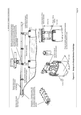 4. DESIGN OF TIMBER FOOTBRIDGES
                                                                    400 to 500mm                    Details of joint of longitudinal stringers.
                            Spacer strips every                                                     The small end of one length fits inside
                            1 or 2m bind deck                                                       the large end of the previous length.
Bamboo strip deck           to stringers                                                            Joints must be well supported by the
See Figure 4.2                                                                                      cross-member




                                         Cross-members distribute                                                                     Longitudinal stringers,
                                         load between stringers                      About 4m spacing                                 120 to 150mm diameter


Abutments - 2 bamboo poles 100
to 150mm in size, held in position
by bamboo stakes hammered into
ground
                                                                                                                   1.2 to 1.3m

                                                                                                                                              Cross-beams, 80 to
                                                                                                                                              100mm diameter


                                                                                                                                             0.9 to 1m
                                                                                                                     0.75m


                                                                                                                                                  Props, 120 to
                                                                                   Cut slot in top of                                             150mm
                                                                                   prop for cross-beam
                                                                                                                                            1 to 1.2m



                                     1.2 to 1.4m
                                                                                                Props are tightly wedged in bamboo baskets
                                                                                                by rocks 80 to 250mm in size
                                                                             1 to 1.2m


                                               Figure 4.1: Design of a Simple Bamboo Footbridge

                                                                                                                                                                  Page 54
 