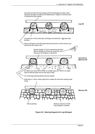 4. DESIGN OF TIMBER FOOTBRIDGES




Use level to check the top surfaces of the log stringers but also check
along the stringers to balance the differences in height to minimise work
in leveling the deck planks




                                                                                Log Sill




Cut grooves in sill so that tops of stringers are fairly flat. Seal seat with
bitumen.

Secure stringers to sill with galvanised wire bound to 10mm anchor pins
hammered into sides of sill

               Embed lengths of 12mm reinforcing bar each
               Side of stringer and hammer ends over into
               Groove to fix stringers on abutment


                                                                                Concrete or
                                                                                Masonry Sill




Cut flats up to about 80mm wide on smaller logs and 160mm on larger
logs for bearing seats and to level tops of logs

For small logs packing pieces may be needed

Seat logs on 10mm rubber pads 5mm smaller all round than bearing seat
of log




                                                                                Masonry Sill




    Stone packing                               Build up masonry to hold
                                                Log stringers in position



                  Figure 4.6: Bearing Supports for Log Stringers




                                                                                Page 63
 