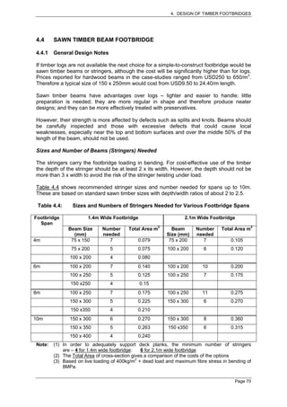 4. DESIGN OF TIMBER FOOTBRIDGES




4.4     SAWN TIMBER BEAM FOOTBRIDGE

4.4.1   General Design Notes

If timber logs are not available the next choice for a simple-to-construct footbridge would be
sawn timber beams or stringers, although the cost will be significantly higher than for logs.
Prices reported for hardwood beams in the case-studies ranged from USD250 to 650/m3.
Therefore a typical size of 150 x 250mm would cost from USD9.50 to 24.40/m length.

Sawn timber beams have advantages over logs – lighter and easier to handle; little
preparation is needed; they are more regular in shape and therefore produce neater
designs; and they can be more effectively treated with preservatives.

However, their strength is more affected by defects such as splits and knots. Beams should
be carefully inspected and those with excessive defects that could cause local
weaknesses, especially near the top and bottom surfaces and over the middle 50% of the
length of the beam, should not be used.

Sizes and Number of Beams (Stringers) Needed

The stringers carry the footbridge loading in bending. For cost-effective use of the timber
the depth of the stringer should be at least 2 x its width. However, the depth should not be
more than 3 x width to avoid the risk of the stringer twisting under load.

Table 4.4 shows recommended stringer sizes and number needed for spans up to 10m.
These are based on standard sawn timber sizes with depth/width ratios of about 2 to 2.5.

 Table 4.4:     Sizes and Numbers of Stringers Needed for Various Footbridge Spans

Footbridge             1.4m Wide Footbridge                       2.1m Wide Footbridge
  Span
              Beam Size      Number      Total Area m2      Beam       Number     Total Area m2
                (mm)         needed                       Size (mm)    needed
4m             75 x 150         7            0.079         75 x 200       7           0.105
               75 x 200          5           0.075        100 x 200       6           0.120
               100 x 200         4           0.080
6m             100 x 200         7           0.140        100 x 200       10          0.200
               100 x 250         5           0.125        100 x 250       7           0.175
               150 x250          4            0.15
8m             100 x 250         7           0.175        100 x 250       11          0.275
               150 x 300         5           0.225        150 x 300       6           0.270
               150 x350          4           0.210
10m            150 x 300         6           0.270        150 x 300       8           0.360
               150 x 350         5           0.263         150 x350       6           0.315
               150 x 400         4           0.240
Note:   (1) In order to adequately support deck planks, the minimum number of stringers
            are – 4 for 1.4m wide footbridge:   6 for 2.1m wide footbridge
        (2) The Total Area of cross-section gives a comparison of the costs of the options
        (3) Based on live loading of 400kg/m2 + dead load and maximum fibre stress in bending of
            8MPa.

                                                                                        Page 70
 