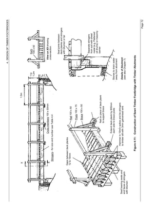 4. DESIGN OF TIMBER FOOTBRIDGES




                          X                                                               1.5m



                                                                                                    1 to                 Kerb
                                                                                                    1.2m                 100 x 50




                                                        Cross members 100 x 50mm                                   View on XX showing
                          X
                                                                                                                   cross-section
                              Stringers - for size and number see Table 4.4

                                                                                                                         Seal joints between
                                                                                                                         deck planks and stringers
                                                                                                                         with bitumen or tar
                         Gaps between deck planks
                         12 to 15mm                                  Rail 100 x 50

                                                                     Posts 100 x 75

                                                                     Brace 100 x 50


                                                                                                                         Separate stringers
                                                                                                                         from soil with sheet
                                                                                                                         metal (e.g. Flattened
                                                                                                                         oil drums) or masonry
                                                                  Nail on piece of deck plank                            barrier
                                                                  to support brace


                                                         Extend deck plank by 600mm
                                                         each side to brace posts                Stones to drain water
                                                                                                 away from abutment
                                             Hammer in 10mm spikes and tie stringers
Seal bearing seats and                       to timber sill with 3mm galvanised wire             Details of Abutment
end faces of stringers                                                                           (see also Chapter 7)
with bitumen


                                       Figure 4.11: Construction of Sawn Timber Footbridge with Timber Abutments

                                                                                                                                                 Page 72
 