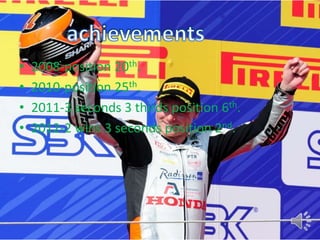 •   2008-position 20th.
•   2010-position 25th.
•   2011-3 seconds 3 thirds position 6th.
•   2012-2 wins 3 seconds position 2nd.
 