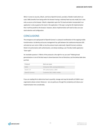 UBISECURE WHITE PAPER
11 info@ubisecure.com
www.ubisecure.com
When it comes to security, OAuth, and hence OpenID Connect, provides a flexible model which can
scale. SAML benefits from being within the browser having a relatively fixed security model, but is also
only as secure as the browser. OAuth is dependent upon the TLS stack and when incorporated in an
application is only as good as the stack in the application. If the app is using the OS implementation
then it will be parallel to the browser, however, device implementation will need to take care over
stack selection and configuration.
CONCLUSIONS
The emergence and rapid growth of OpenID Connect is a physical manifestation of the ongoing mobile
transformation. As identity and access management has split between the traditional enterprise SSO
and external user centric CIAM, so has the protocol stack underneath. OpenID Connect combines
OAuth 2.0 authorisation with authentication, and allows building a user-friendly mobile application
“done right”.
An inevitable question is “Which of the protocols is the right for my use case?” Making broad
generalisations is one of the best ways to draw dissension from all directions, but the below table does
just that.
Protocol Best use cases
SAML Enterprise SSO, existing federations
OAuth 2.0 API authorisation, UMA
OpenID Connect Customer SSO, CIAM, mobile
If you are reading this to determine how to quantify, manage and reap the benefits of CIAM in your
organisation please contact Ubisecure – we can guide you through the complexity and reduce your
implementation time considerably.
 