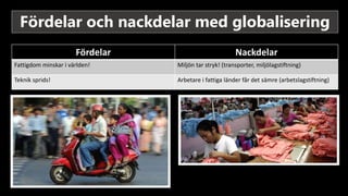 Fördelar och nackdelar med globalisering
Fördelar Nackdelar
Fattigdom minskar i världen! Miljön tar stryk! (transporter, miljölagstiftning)
Teknik sprids! Arbetare i fattiga länder får det sämre (arbetslagstiftning)
 