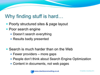 www.clearboxconsulting.co.uk © ClearBox Consulting 2012
Why finding stuff is hard…
—  Poorly structured sites & page layout
—  Poor search engine
—  Doesn’t search everything
—  Results badly presented
—  Search is much harder than on the Web
—  Fewer providers – more gaps
—  People don’t think about Search Engine Optimization
—  Content in documents, not web pages
 