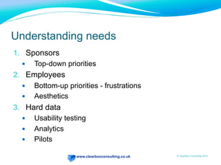 www.clearboxconsulting.co.uk © ClearBox Consulting 2012
Understanding needs
1.  Sponsors
—  Top-down priorities
2.  Employees
—  Bottom-up priorities - frustrations
—  Aesthetics
3.  Hard data
—  Usability testing
—  Analytics
—  Pilots
 