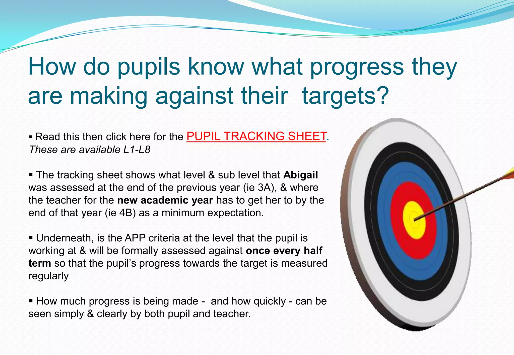 How do pupils know what progress they
are making against their targets?
 Read this then click here for the   PUPIL TRACKING SHEET.
These are available L1-L8

 The tracking sheet shows what level & sub level that Abigail
was assessed at the end of the previous year (ie 3A), & where
the teacher for the new academic year has to get her to by the
end of that year (ie 4B) as a minimum expectation.

 Underneath, is the APP criteria at the level that the pupil is
working at & will be formally assessed against once every half
term so that the pupil’s progress towards the target is measured
regularly

 How much progress is being made - and how quickly - can be
seen simply & clearly by both pupil and teacher.
 