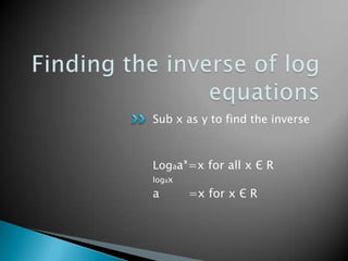Finding the inverse of log equationsSub x as y to find the inverseLogaaˣ=x for all x Є Rlogaxa        =x for x Є R