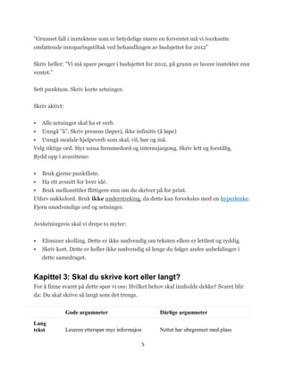 ‖Grunnet fall i inntektene som er betydelige større en forventet må vi iverksette
omfattende innsparingstiltak ved behandlingen av budsjettet for 2012‖


Skriv heller: ‖Vi må spare penger i budsjettet for 2012, på grunn av lavere inntekter enn
ventet.‖


Sett punktum. Skriv korte setninger.


Skriv aktivt:


   Alle setninger skal ha et verb
   Unngå ‖å‖, Skriv presens (løper), ikke infinitiv (å løpe)
  Unngå modale hjelpeverb som skal, vil, bør og må.
Velg riktige ord. Styr unna fremmedord og internsjargong. Skriv lett og forstålig.
Rydd opp i avsnittene:


   Bruk gjerne punktliste.
  Ha ett avsnitt for hver idé.
 Bruk mellomtitler flittigere enn om du skriver på for print.
Uthev nøkkelord. Bruk ikke understreking, da dette kan forveksles med en hyperlenke.
Fjern unødvendige ord og setninger.


Avslutningsvis skal vi drepe to myter:


   Eliminer skolling. Dette er ikke nødvendig om teksten ellers er lettlest og ryddig.
   Skriv kort. Dette er heller ikke nødvendig så lenge du følger andre anbefalinger i
    dette samedraget.


Kapittel 3: Skal du skrive kort eller langt?
For å finne svaret på dette spør vi oss: Hvilket behov skal innholde dekke? Svaret blir
da: Du skal skrive så langt som det trengs.


                Gode argumneter                        Dårlige argumneter
Lang
tekst           Leseren etterspør mye informajon       Nettet har ubegrenset med plass

                                                   5
 