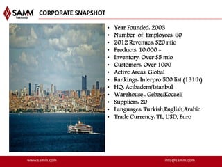 CORPORATE SNAPSHOT

                         •   Year Founded: 2003
                         •   Number of Employees: 60
                         •   2012 Revenues: $20 mio
                         •   Products: 10,000 +
                         •   Inventory: Over $5 mio
                         •   Customers: Over 1000
                         •   Active Areas: Global
                         •   Rankings: Interpro 500 list (131th)
                         •   HQ: Acıbadem/Istanbul
                         •   Warehouse : Gebze/Kocaeli
                         •   Suppliers: 20
                         •   Languages: Turkish,English,Arabic
                         •   Trade Currency: TL, USD, Euro




www.samm.com                                     info@samm.com
 
