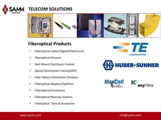 TELECOM SOLUTIONS




    Fiberoptical Products
     •   Fiberoptical Cables/Pigtails/Patchcords

     •   Fiberoptical Closures

     •   Wall Mount Distribuion Frames

     •   Optical Distribution Frames(ODF)

     •   Fiber Optical Distribution Drawers

     •   Fiberoptical Adaptors/Splitters

     •   Fiberoptical Connectors

     •   Fiberoptical Raceway Systems

     •   Fiberoptical Tools & Accesories


www.samm.com                                       info@samm.com
 