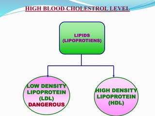 HIGH BLOOD CHOLESTROL LEVEL
LOW DENSITY
LIPOPROTEIN
(LDL)
DANGEROUS
HIGH DENSITY
LIPOPROTEIN
(HDL)
LIPIDS
(LIPOPROTIENS)
 