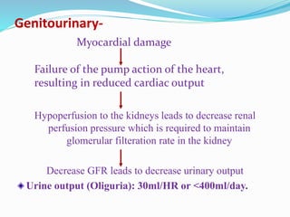 Genitourinary-
Hypoperfusion to the kidneys leads to decrease renal
perfusion pressure which is required to maintain
glomerular filteration rate in the kidney
Decrease GFR leads to decrease urinary output
Urine output (Oliguria): 30ml/HR or <400ml/day.
Myocardial damage
Failure of the pump action of the heart,
resulting in reduced cardiac output
 
