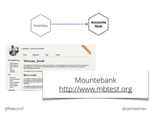 Inventory 
Accounts! 
Stub 
Mountebank 
http://www.mbtest.org 
@flowconsf @samnewman 
 