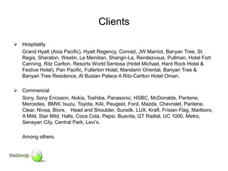 Clients

 Hospitality
  Grand Hyatt (Asia Pacific), Hyatt Regency, Conrad, JW Marriot, Banyan Tree, St.
  Regis, Sheraton, Westin, Le Meridian, Shangri-La, Rendezvous, Pullman, Hotel Fort
  Canning, Ritz Carlton, Resorts World Sentosa (Hotel Michael, Hard Rock Hotel &
  Festive Hotel), Pan Pacific, Fullerton Hotel, Mandarin Oriental, Banyan Tree &
  Banyan Tree Residence, Al Bustan Palace A Ritz-Carlton Hotel Oman.

 Commercial
  Sony, Sony Ericsson, Nokia, Toshiba, Panasonic, HSBC, McDonalds, Pantene,
  Mercedes, BMW, Isuzu, Toyota, KAI, Peugeot, Ford, Mazda, Chevrolet, Pantene,
  Clear, Nivea, Biore, Head and Shoulder, Sunsilk, LUX, Kraft, Frisian Flag, Marlboro,
  A Mild, Star Mild, Halls, Coca Cola, Pepsi, Buavita, GT Radial, UC 1000, Metro,
  Senayan City, Central Park, Levi’s.

   Among others.
 