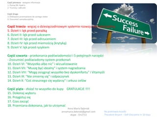 Część pierwsza - wstępne informacje1. Poznaj MrHyde’a2. Trucizny i odtrutkiCzęść druga3. Efektywne przemawianie do samego siebie4. Zrozumieć samodyscyplinęCzęść trzecia- więcej o dziesięciodniowym systemie rozwoju samodyscypliny5. Dzień I: lęk przed porażką6. Dzień II: lęk przed sukcesem7. Dzień III: lęk przed odrzuceniem8. Dzień IV: lęk przed miernością (krytyką)9. Dzień V: lęk przed ryzykiemCzęść czwarta - przekonania podświadomości i 5 potężnych narzędzi- Zrozumieć podświadomy system przekonań10. Dzień VI: "Wszystko albo nic" i wizualizowanie11. Dzień VII: "Muszę być idealny" i system nagradzania12. Dzień VIII: "Mogę osiągnąć wszystko bez dyskomfortu" i Vitamyśli13. Dzień IX: "Nie zmienię się" i odpoczynek14. Dzień X: "Coś strasznego się wydarzy" i arkusz celówCzęść piąta - złożyć to wszystko do kupy    GRATULACJE !!!!15. Dokonaj wyboru16. Przygotuj się17. Czas zacząć18. Przemiana dokonana, jak to utrzymaćAnna Maria Dębniak            annamaria.debniak@gmail.com            skype - Ori2711Na podstawie ksiażkiTheodore Bryant – Self-Disciplinein 10 days