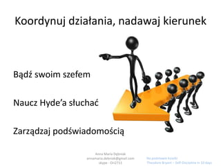  eskapizm(ucieczka, rezygnacja, wyłączenie się, tematy zastępcze)- odkładanie, spowalnianie, prokrastynacjaAnna Maria Dębniak            annamaria.debniak@gmail.com            skype - Ori2711