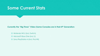 v
Currently the “Big Three” Video Game Consoles are in their 8th Generation:
š Nintendo Wii U (incl. Switch)
š Microsoft Xbox One (incl. S)
š Sony PlayStation 4 (incl. Pro/VR)
Some Current Stats
 