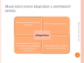 MASS EDUCATION REQUIRES A DIFFERENT
MODEL



        Heterogenous group of
                                Inclusion not selection




                                                              Monique, Camille, Seme, 2013
              students



                         Adaptation


     Assessment/evaluation:
     of curriculum, pedagogy    Expanding access (kept
         and instructonal        from the old model)
             materials

                                                          8
 