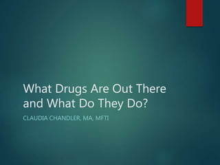 What Drugs Are Out There
and What Do They Do?
CLAUDIA CHANDLER, MA, MFTI
 