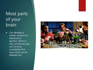 Most parts
of your
brain
 Can develop a
certain amount of
tolerance to
alcohol, which is
why sometimes you
can function
completely fine
even when you're
blacked out.
 