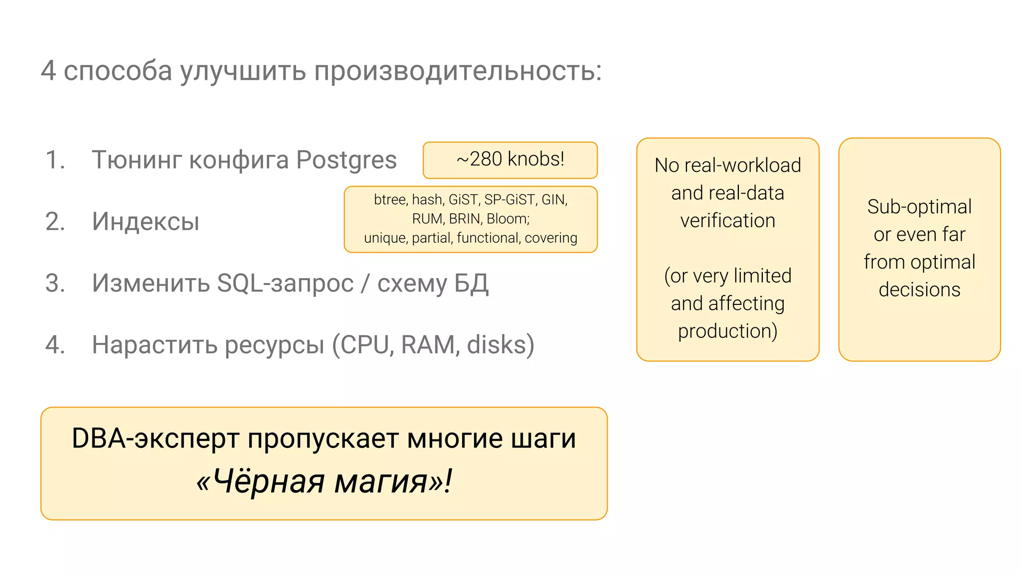 4 способа улучшить производительность: 1. Тюнинг конфига Postgres 2. Индексы 3. Изменить SQL-запрос / схему БД 4. Нарастить ресурсы (CPU, RAM, disks) DBA-эксперт пропускает многие шаги «Чёрная магия»! 