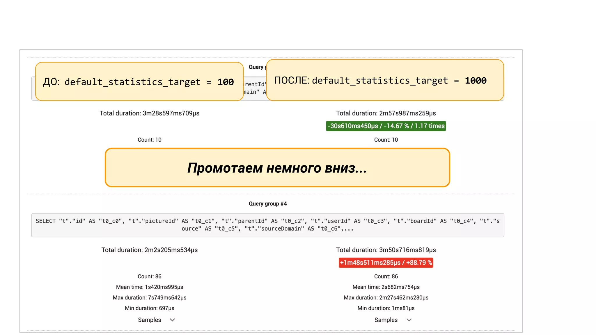 Промотаем немного вниз... ДО: default_statistics_target = 100 ПОСЛЕ: default_statistics_target = 1000 