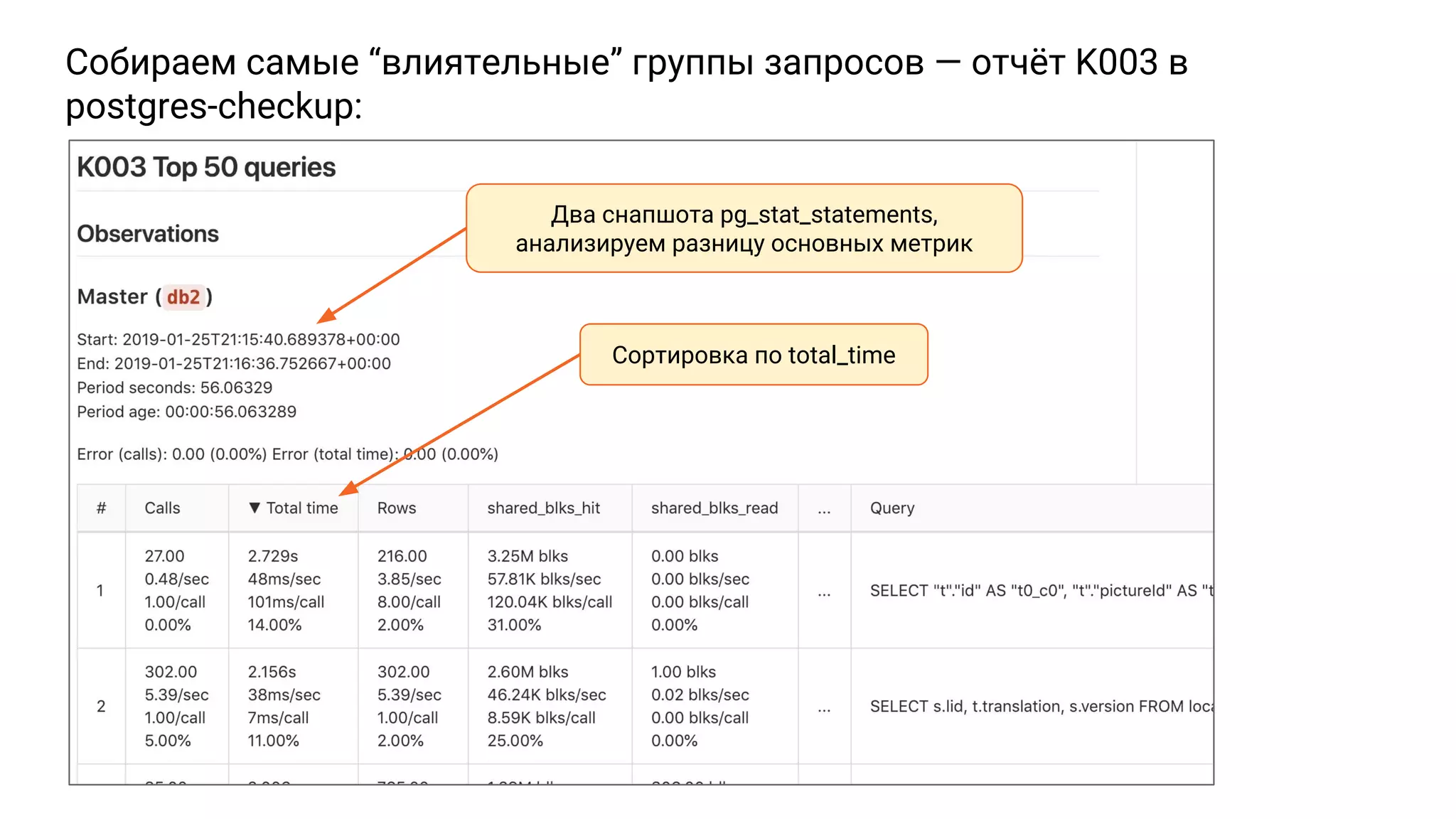 Собираем самые “влиятельные” группы запросов — отчёт K003 в postgres-checkup: Два снапшота pg_stat_statements, анализируем разницу основных метрик Сортировка по total_time 
