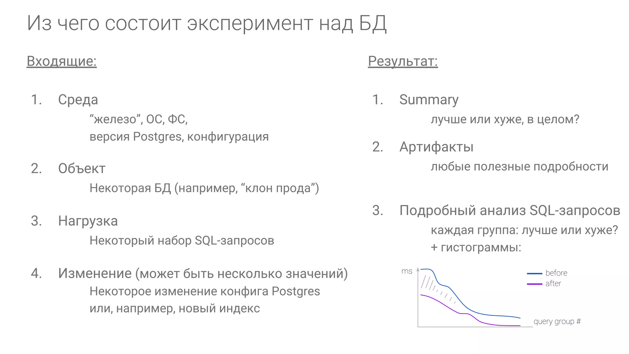 Входящие: 1. Среда “железо”, ОС, ФС, версия Postgres, конфигурация 2. Объект Некоторая БД (например, “клон прода”) 3. Нагрузка Некоторый набор SQL-запросов 4. Изменение (может быть несколько значений) Некоторое изменение конфига Postgres или, например, новый индекс Результат: 1. Summary лучше или хуже, в целом? 2. Артифакты любые полезные подробности 3. Подробный анализ SQL-запросов каждая группа: лучше или хуже? + гистограммы: 