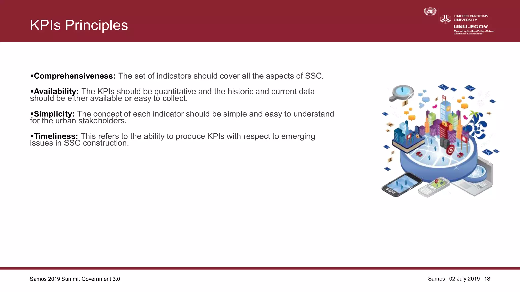 Samos 2019 Summit Government 3.0 Samos | 02 July 2019 | 18
KPIs Principles
Comprehensiveness: The set of indicators should cover all the aspects of SSC.
Availability: The KPIs should be quantitative and the historic and current data
should be either available or easy to collect.
Simplicity: The concept of each indicator should be simple and easy to understand
for the urban stakeholders.
Timeliness: This refers to the ability to produce KPIs with respect to emerging
issues in SSC construction.
 