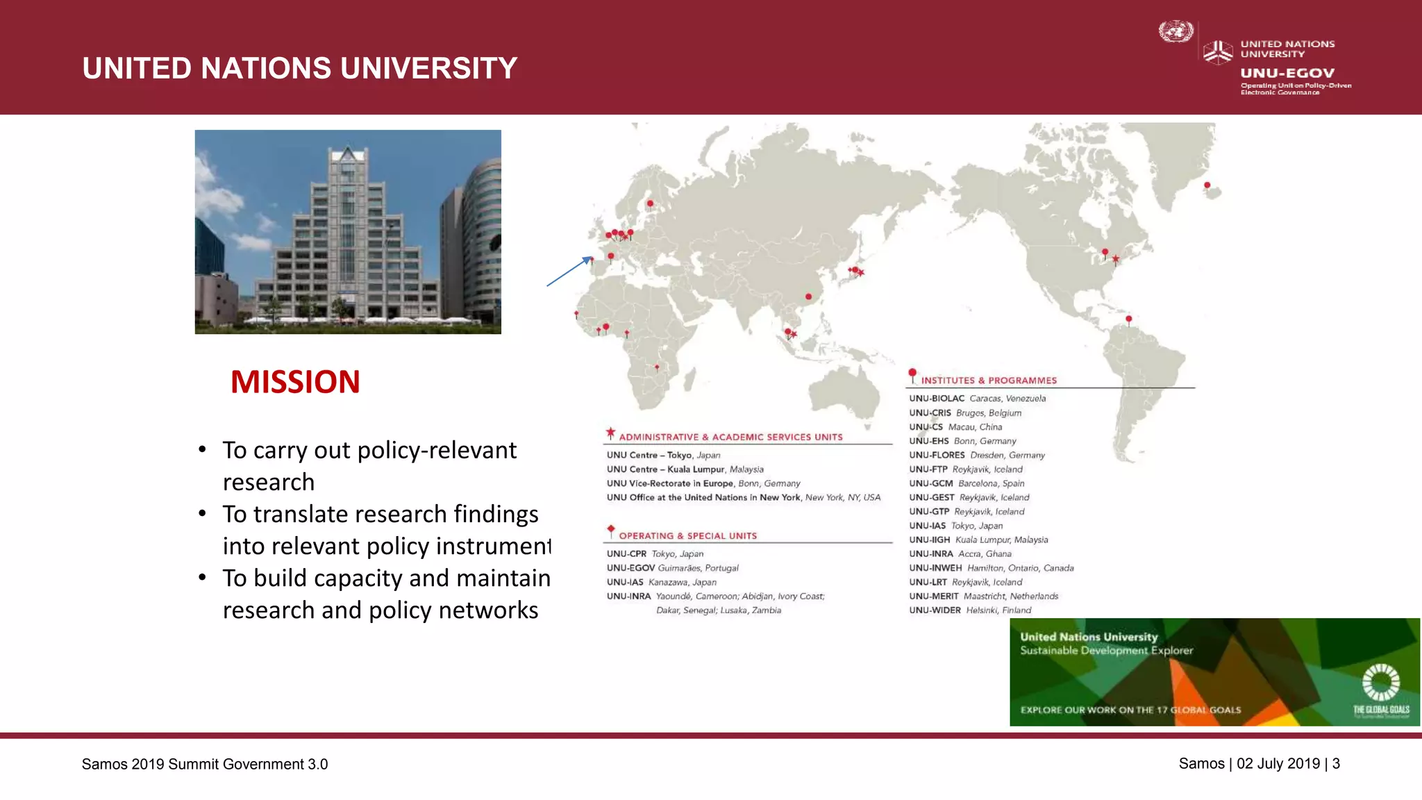Samos 2019 Summit Government 3.0 Samos | 02 July 2019 | 3
UNITED NATIONS UNIVERSITY
• To carry out policy-relevant
research
• To translate research findings
into relevant policy instruments
• To build capacity and maintain
research and policy networks
MISSION
 