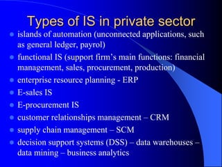  islands of automation (unconnected applications, such
as general ledger, payrol)
 functional IS (support firm’s main functions: financial
management, sales, procurement, production)
 enterprise resource planning - ERP
 E-sales IS
 E-procurement IS
 customer relationships management – CRM
 supply chain management – SCM
 decision support systems (DSS) – data warehouses –
data mining – business analytics
Types of IS in private sector
 