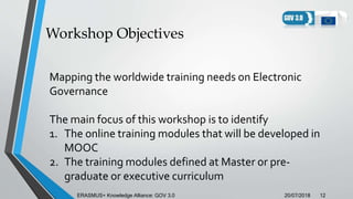 Workshop Objectives
20/07/2018ERASMUS+ Knowledge Alliance: GOV 3.0 12
Mapping the worldwide training needs on Electronic
G...