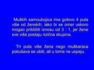 Muških samoubojica ima gotovo 4 puta
više od ženskih, iako bi se omer uskoro
mogao približiti iznosu od 3 : 1, jer žene
sve više postaju rizična skupina.
Tri puta više žena nego muškaraca
pokušava se ubiti, ali u tome ne uspeju.
.
.
 