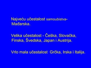 Najveću učestalost samoubistva-
Mađarska.
Velika učestalost - Češka, Slovačka,
Finska, Švedska, Japan i Austrija.
Vrlo mala učestalost Grčka, Irska i Italija.
 