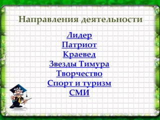 Направления деятельности
Лидер
Патриот
Краевед
Звезды Тимура
Творчество
Спорт и туризм
СМИ
 