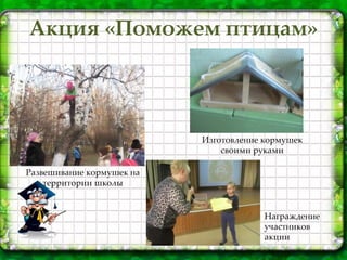 Акция «Поможем птицам»
Изготовление кормушек
своими руками
Развешивание кормушек на
территории школы
Награждение
участников
акции
 