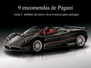 Levantamento Preparado por Harold McCardell - Consultor Financeiro - L L A I N V E S T I M E N T O S - t: (11) 3095-7073 | c: (11) 9982-0573 - f: (11) 3095-7071 - www.lla.com.br
9 encomendas de Pagani
custa 5 milhões de reais e leva 6 meses para entregar
 