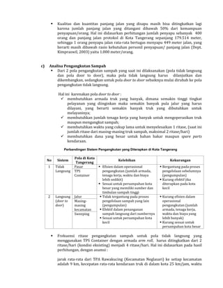 

c)

Kualitas dan kuantitas panjang jalan yang disapu masih bisa ditingkatkan lagi
karena jumlah panjang jalan yang ditangani dibawah 50% dari kemampuan
penyapuan/orang. Hal ini didasarkan perhitungan jumlah penyapu sebanyak 400
orang dan panjang jalan protokol di Kota Tangerang sepanjang 179.514 meter,
sehingga 1 orang penyapu jalan rata-rata bertugas menyapu 449 meter jalan, yang
berarti masih dibawah rasio kebutuhan personil penyapuan/ panjang jalan (Dept.
Kimpraswil, 2003) yaitu 1.000 meter/orang.

Analisa Pengangkutan Sampah
 Dari 2 pola pengangkutan sampah yang saat ini dilaksanakan (pola tidak langsung
dan pola door to door), maka pola tidak langsung harus dilanjutkan dan
dikembangkan, sedangkan untuk pola door to door sebaiknya mulai dirubah ke pola
pengangkutan tidak langsung.
Hal ini karenakan pola door to door :
 membutuhkan armada truk yang banyak, dimana semakin tinggi tingkat
pelayanan yang diinginkan maka semakin banyak pula jalur yang harus
dilayani, yang berarti semakin banyak truk yang dibutuhkan untuk
melayaninya;
 membutuhkan jumlah tenaga kerja yang banyak untuk mengoperasikan truk
maupun mengangkut sampah;
 membutuhkan waktu yang cukup lama untuk menyelesaikan 1 ritase, (saat ini
jumlah ritase dari masing-masing truk sampah, maksimal 2 ritase/hari)
 membutuhkan dana yang besar untuk bahan bakar maupun spare parts
kendaraan.
Perbandingan Sistem Pengangkutan yang Diterapkan di Kota Tangerang

No

Sistem

1

Tidak
Langsung

2

Langsung
(door to
door)



Pola di Kota
Tangerang
Pasar
TPS
Container

Jalur
Masingmasing
kecamatan
Sweeping

Kelebihan

Kekurangan

 Efisien dalam operasional
pengangkutan (jumlah armada,
tenaga kerja, waktu dan biaya
lebih sedikit)
 Sesuai untuk persampahan kota
besar yang memiliki sumber dan
timbulan sampah tinggi
 Tidak tergantung pada proses
pengelolaan sampah yang lain
(pengumpulan)
 Efektif dalam penanganan
sampah langsung dari sumbernya
 Sesuai untuk persampahan kota
kecil

 Bergantung pada proses
pengelolaan sebelumnya
(pengumpulan)
 Kurang efektif jika
diterapkan pada kota
kecil
 Kurang efisien dalam
operasional
pengangkutan (jumlah
armada, tenaga kerja,
waktu dan biaya yang
lebih banyak)
 Kurang sesuai untuk
persampahan kota besar

Frekuensi ritase pengangkutan sampah untuk pola tidak langsung yang
menggunakan TPS Container dengan armada arm roll, harus ditingkatkan dari 2
ritase/hari (kondisi eksisting) menjadi 4 ritase/hari. Hal ini didasarkan pada hasil
perhitungan, dengan asumsi :
jarak rata-rata dari TPA Rawakucing (Kecamatan Neglasari) ke setiap kecamatan
adalah 9 km, kecepatan rata-rata kendaraan truk di dalam kota 25 km/jam, waktu

 