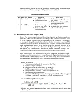 akan bertambah dan berkurangnya kebutuhan jumlah armada, meskipun biaya
investasi awal sedikit lebih banyak untuk pembelian arm roll truck
Perbandingan Jenis Truk Sampah

No
1

2

d)

Jenis Truk Sampah
Kelebihan
Dump Truck
 Harga lebih murah
 Perawatan relatif lebih
mudah
Arm Roll Truck

 Membutuhkan tenaga
kerja yang lebih sedikit
 Waktu pemindahan
sampah sangat cepat

Kekurangan
 Membutuhkan tenaga kerja yang
lebih banyak
 Membutuhkan waktu pemindahan
sampah yang lebih lama
 Harga lebih mahal
 Perawatan lebih sulit, terutama
pada sistem hidrolisnya

Analisa Pengolahan akhir sampah (TPA)


Kondisi TPA Rawakucing ditinjau dari kondisi geologi, hidrogeologi, topografi, dan
guna lahan sudah memenuhi kriteria sesuai dengan SNI, namun untuk kriteria jarak
ke lokasi strategis, kurang sesuai karena hanya berjarak kurang dari 3.000 meter
ke lapangan terbang (Bandara Soekarno Hatta). Kondisi Sarana dan prasarana TPA
yang perlu ditingkatkan adalah akses jalan masuk TPA yang kurang baik, kurangnya
pagar pembatas, tidak adanya garasi alat berat, kurangnya pohon peneduh, serta
belum adanya sumur pemantau. Selain itu, terdapat kekurangan pada sarana
pencegahan dan pengendalian pencemaran seperti drainase, saluran lindi,
pengolahan lindi, penanganan gas serta pengelolaan sampah pada zona aktif



Aspek utama lainnya yang perlu menjadi perhatian adalah luas lahan yang terbatas,
sehingga menyebabkan terbatasnya pengembangan ke depan. Apabila diasumsikan
jumlah sampah tiap tahun yang masuk di TPA adalah tetap, maka luas lahan TPA
Rawakucing yang saat ini 34,8 ha hanya mampu bertahan 3 tahun kedepan
Asumsi Perhitungan:
 Volume sampah tahun 2010 sebesar 2.440 m3/hari,
 Densitas sampah 310 kg/m3,
 Densitas sampah terpadatkan di TPA 600 kg/m3,
 Sudah menggunakan sistem controlled landfill,
 Setiap ketebalan timbunan 1 meter ditutup tanah 20 cm,
 Ketinggian penimbunan 6 meter,
 Lahan untuk fasilitas penunjang (kolam pengolahan lindi, buffer zone, garasi
alat berat, kantor, jalan, dll) sebesar 20% dari luas keseluruhan.
luas lahan TPA yang dibutuhkan, yaitu:

Sehingga luas lahan TPA yang dibutuhkan untuk menampung sampah tahun 2010
sebesar 11,04 ha.

 
