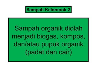Sampah  organik  diolah  
menjadi  biogas,  kompos,  
dan/atau  pupuk  organik  
(padat  dan  cair)
Sampah  Kelompok  2
 