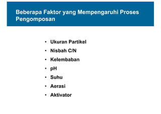 Beberapa  Faktor  yang  Mempengaruhi  Proses  
Pengomposan
• Ukuran  Partikel
• Nisbah  C/N
• Kelembaban
• pH
• Suhu
• Aerasi
• Aktivator
 