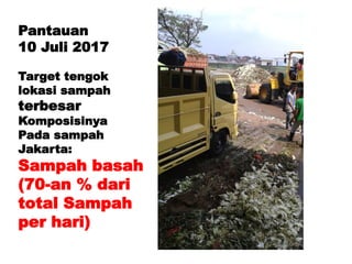 Pantauan
10 Juli 2017
Target tengok
lokasi sampah
terbesar
Komposisinya
Pada sampah
Jakarta:
Sampah basah
(70-an % dari
total Sampah
per hari)
 